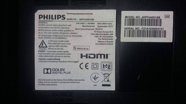 Philips 40Pfh4201/88 LED LCD tv hibás törött alkatrésznek main elkelt!
