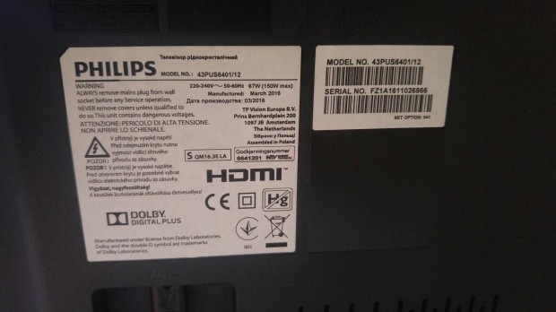 Philips 43Pus6401/12 4K UHD Slim Android TV 43" (108CM)  Hibás!!!