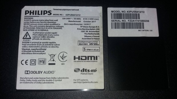 Philips 43Pus6412/12 LED LCD Tv hibs trtt Main,Tcon elkelt!