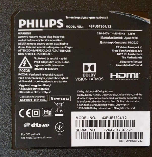 Philips 43Pus7304/12 UHD LED LCD hibás törött alkatrésznek