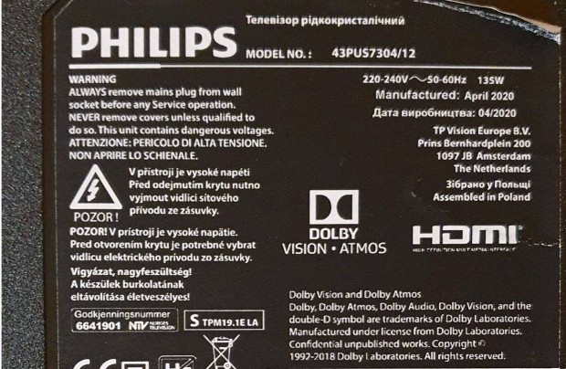 Philips 43Pus7304/12 UHD Smart LED LCD hibs alkatrsznek