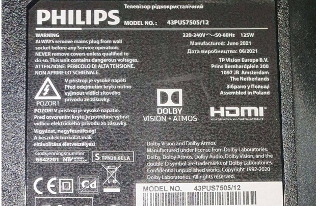 Philips 43Pus7505/12 4k UHD LED tv hibs trtt alkatrsznek