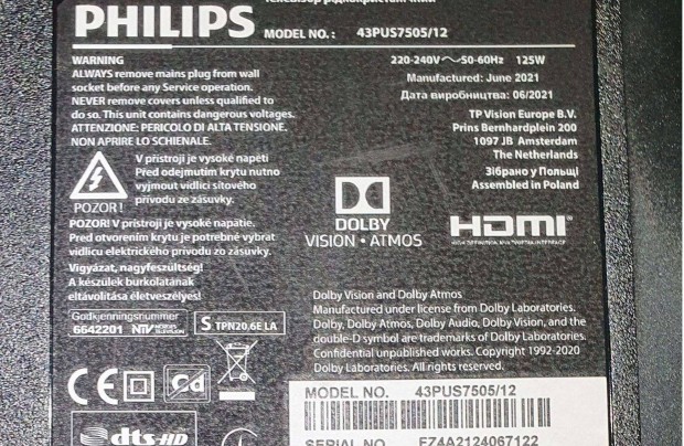 Philips 43Pus7505/12 4k UHD LED tv hibs trtt alkatrsznek