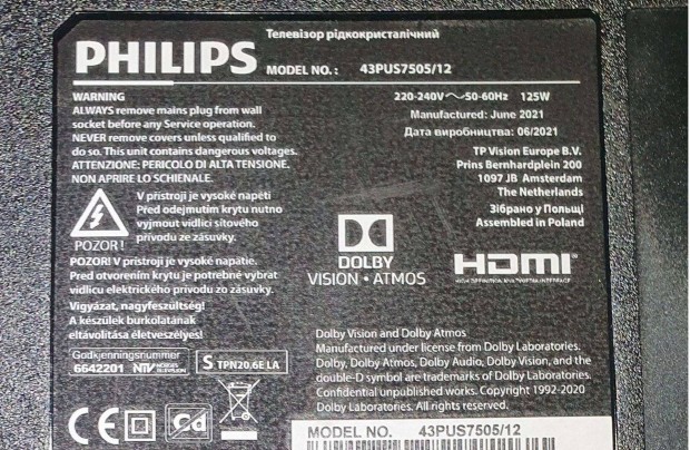 Philips 43Pus7505/12 4k UHD LED tv hibs trtt alkatrsznek