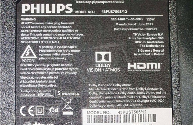 Philips 43Pus7505/12 4k UHD LED tv hibás törött alkatrésznek