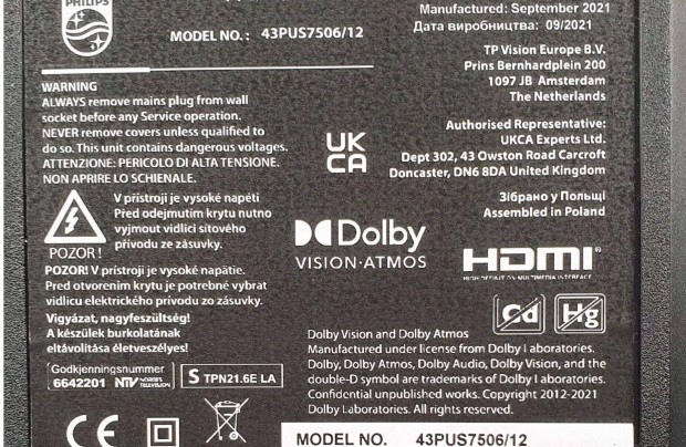 Philips 43Pus7506/12 4K UHD Smart LED tv hibás törött alkatrésznek
