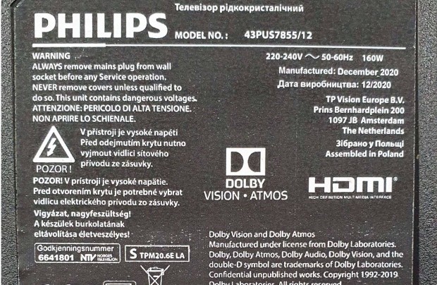 Philips 43Pus7855/12 LED LCD smart tv hibs trtt alkatrsznek