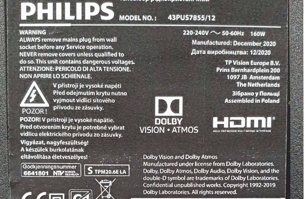 Philips 43Pus7855/12 LED LCD smart tv hibás törött alkatrésznek