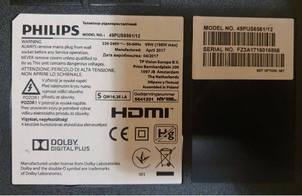 Philips 49Pus6561/12 LED tv panelek alkatrsznek 6870C-0546A