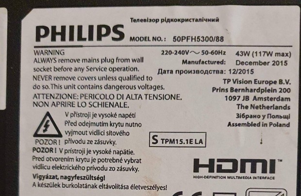 Philips 50Pfh5300/88 LED LCD tv hibs trtt alkatrsznek