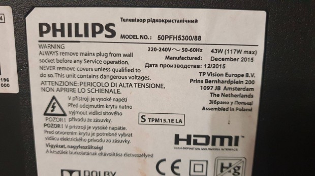 Philips 50Pfh5300/88 LED LCD tv hibás törött alkatrésznek táp elkelt!
