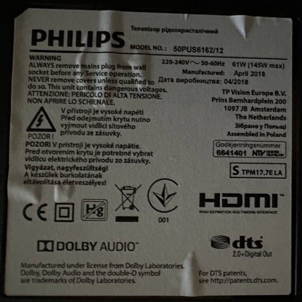 Philips 50Pus6162 okos TV, srlt kijelzvel 