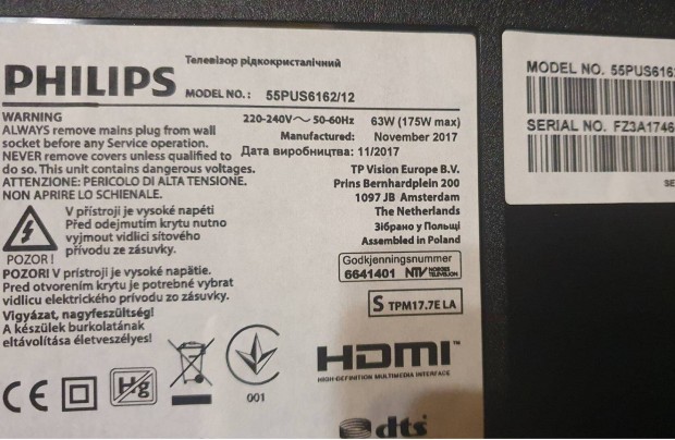 Philips 55Pus6162/12 LED LCD tv 4K UHD hibás alkatrésznek