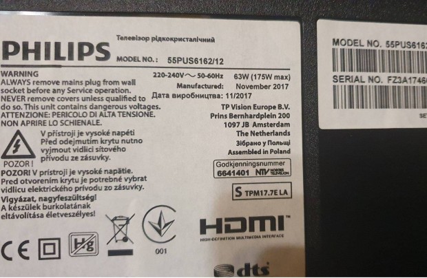 Philips 55Pus6162/12 LED LCD tv 4K UHD hibs alkatrsznek