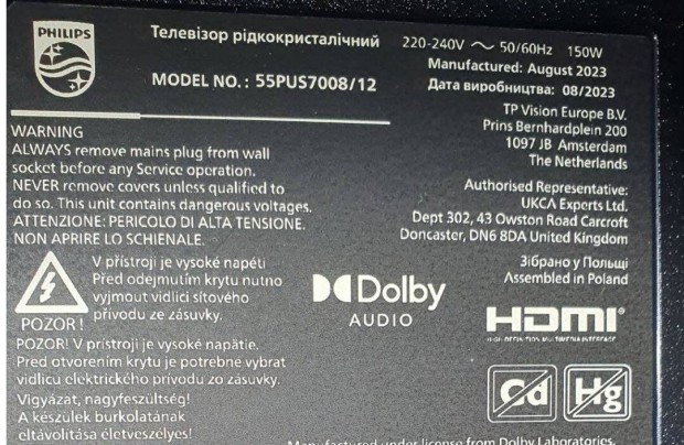 Philips 55Pus7008/12 LED LCD tv hibás törött Tcon elkelt!