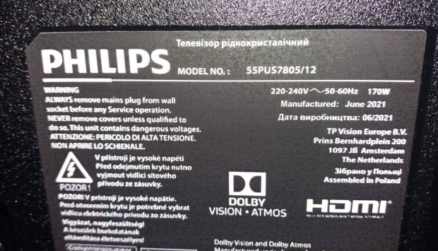Philips 55Pus7805/12 LED LCD tv j 4K UHD hibs trtt alkatrsznek