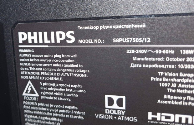 Philips 58Pus7505/12 LED tv hibs trtt alkatrsznek