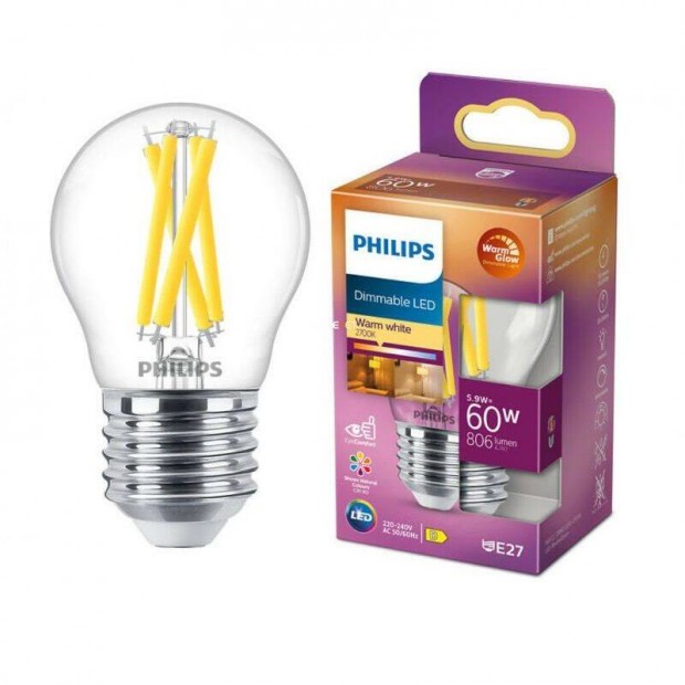 Philips P45 dimmelhet led fnyforrs, E27, 5.9W, 2200K-2700K, 806lm