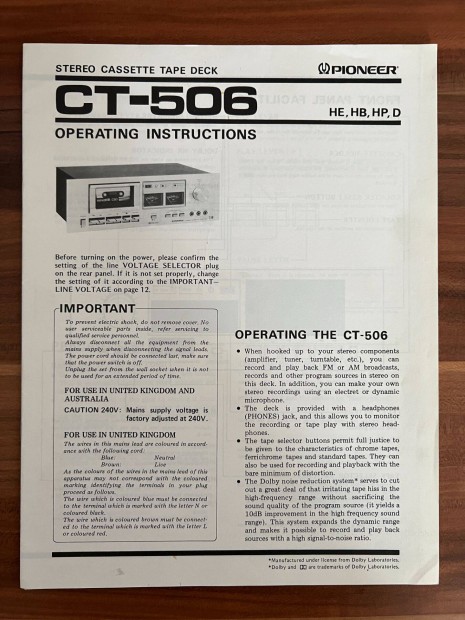 Pioneer CT 506 gyri eredeti hasznlati utasts, gpknyv