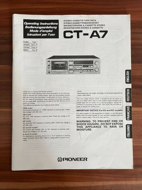 Pioneer CT A 7 gyri eredeti hasznlati utasts, gpknyv