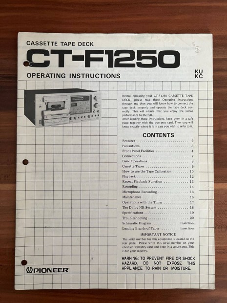 Pioneer CT F 1250 gyri eredeti hasznlati utasts, gpknyv #1