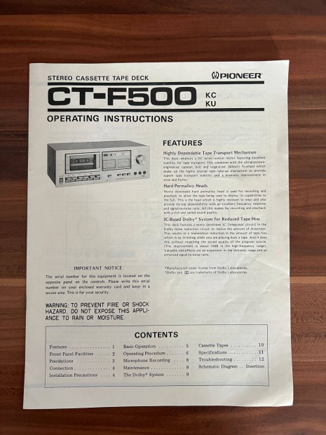 Pioneer CT F 500 gyri eredeti hasznlati utasts, gpknyv