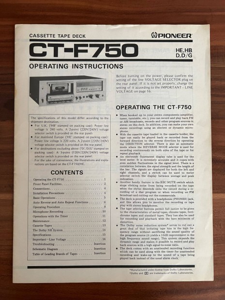 Pioneer CT F 750 gyri eredeti hasznlati utasts, gpknyv #1