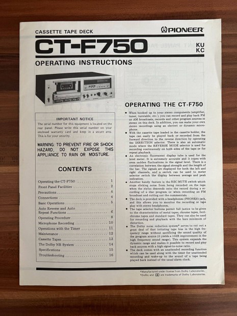 Pioneer CT F 750 gyri eredeti hasznlati utasts, gpknyv #2