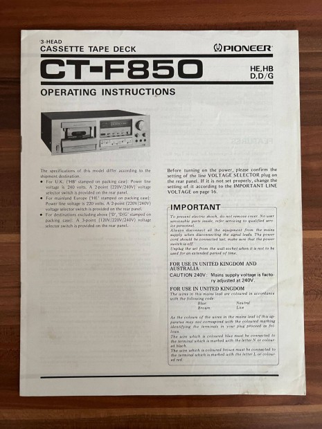 Pioneer CT F 850 gyri eredeti hasznlati utasts, gpknyv