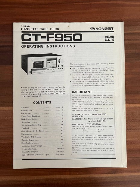 Pioneer CT F 950 gyri eredeti hasznlati utasts, gpknyv