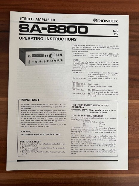 Pioneer SA 8800 gyri eredeti hasznlati utasts, gpknyv