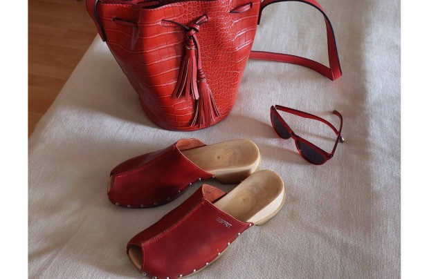 Piros szett, Esprit papucs, 40-es, tska, Orsay napszemveg