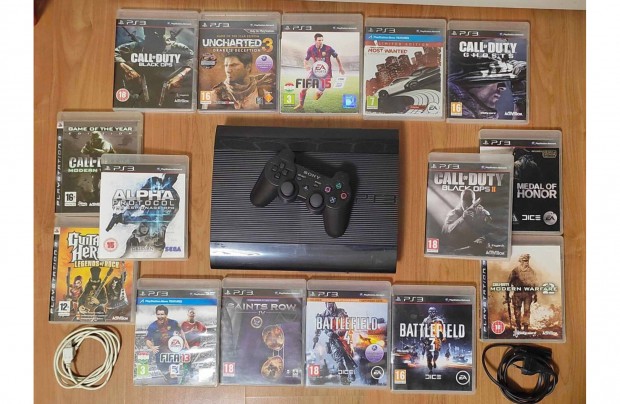 Playstation 3 Super Slim + 1 kontrollerrel + 15db jtkkal