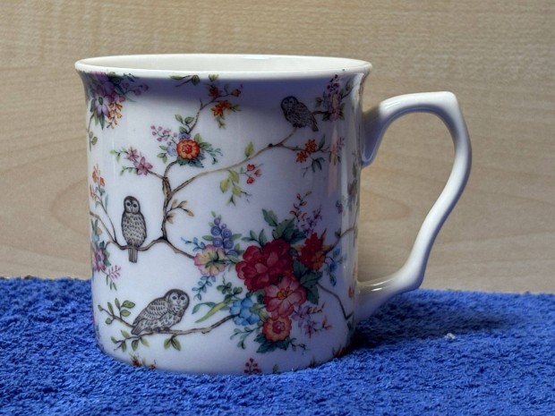 Porcelán bögre, bagoly, virágos, baglyos