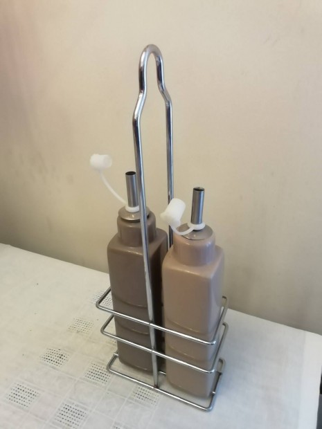 Porcelán olaj - ecet tartó inox, rozsdamentes állványon