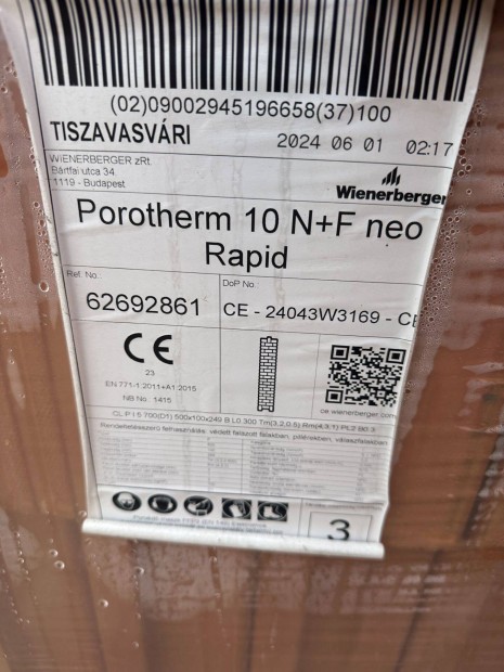 Porotherm 10 N+F Neo Rapid válaszfal tégla áron alul eladó