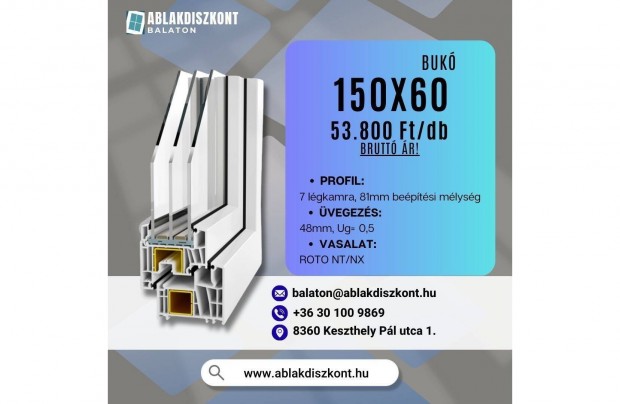 Pr�mium 150x60 buk� m�anyag ablak 3 r�teg� �veggel rakt�rr�l