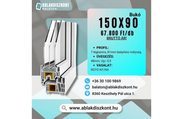 Pr�mium 150x90 buk� m�anyag ablak 3 r�teg� �veggel rakt�rr�l