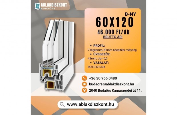 Prémium 3 rétegű műanyag ablak 60x120 bukó-nyíló raktárról