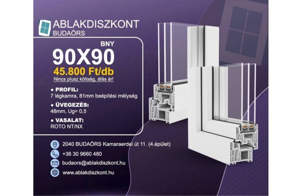 Prémium 90x90 bukó-nyíló műanyag ablak 3 rétegű üveggel raktárról