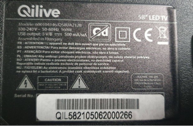 Qilive 58" Q58UA212B UHD Android LED tv hibás törött alkatrésznek