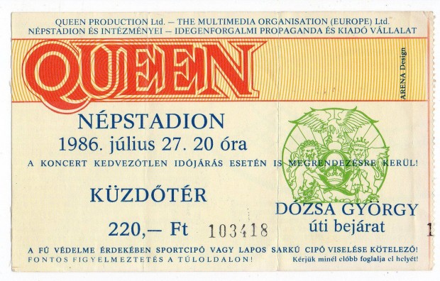 Queen Koncertjegy Budapest Npstadion 1986 Jlius 27