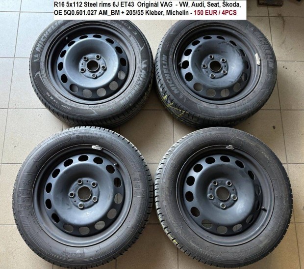 R16 5x112 lemezfelni 6J ET43 VAG VW, Audi, Seat, Skoda + 205/55 nyri