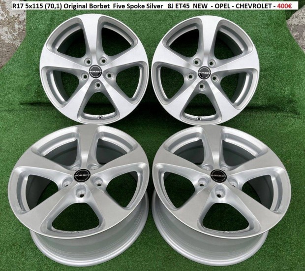 R17 5x115 (70,1) Original Borbet Five Spoke Silver 8J ET45 j felni