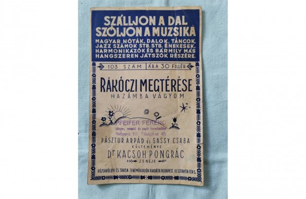 Rákóczi Megtérése-Kacsoh Pongrác, 1930-as évek, kotta