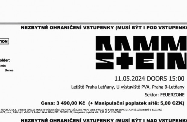 Rammstein 05.11 Praha feuerzone jegyeink eladv vltak 2db