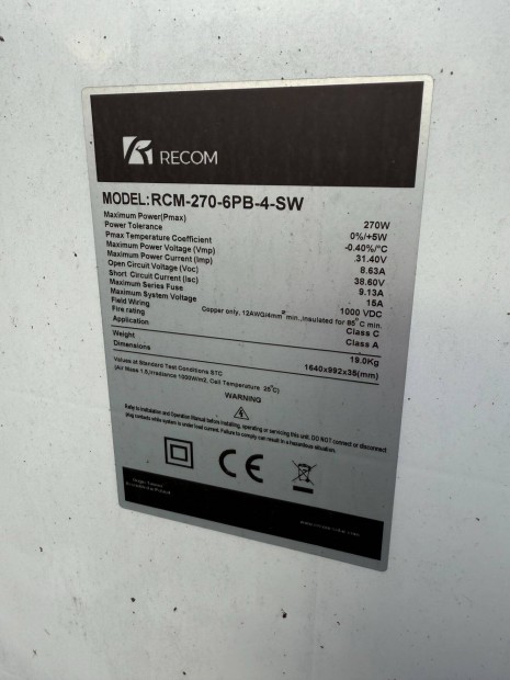 Recom 270 W napelem panel elad 19 db