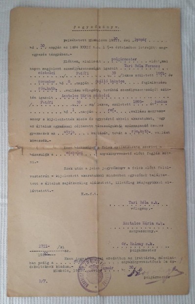 Rgi Hzassgi Jegyzknyv irat az 1930-as vekbl. 1930.janur 30.