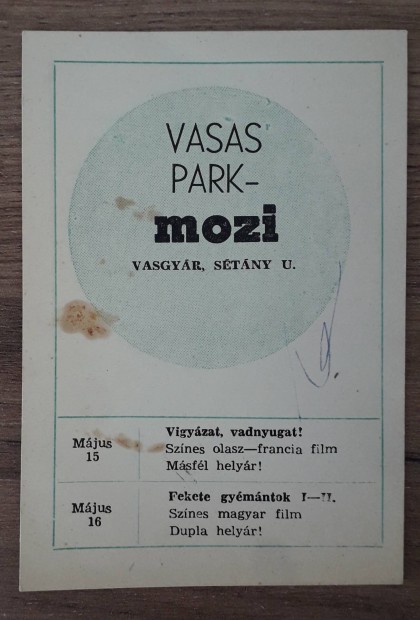 Rgi Vasas Park-mozi jegy 1977-bl. Mrete: 9x13 cm.