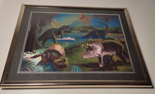 Régi fémes hatású dinoszaurusz kép matt, keretezett. Kb 20,5x25.5 cm